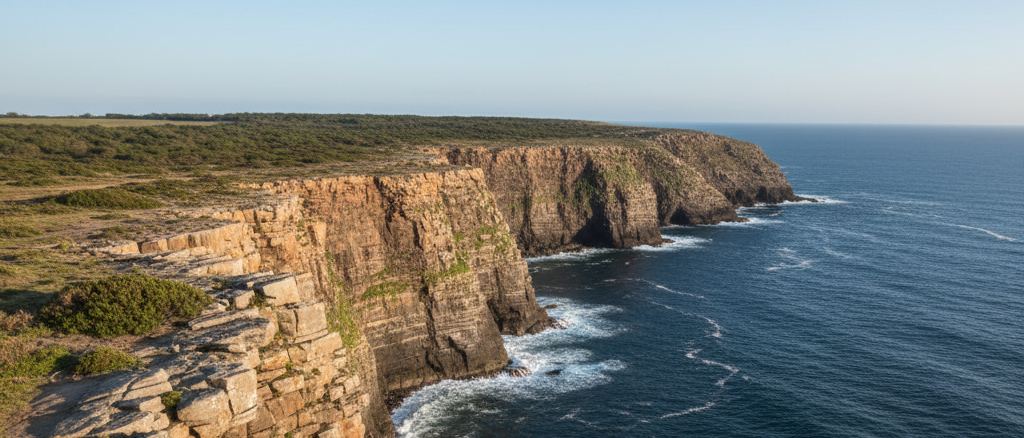 The lip of a sea cliff seen along its length, water far below